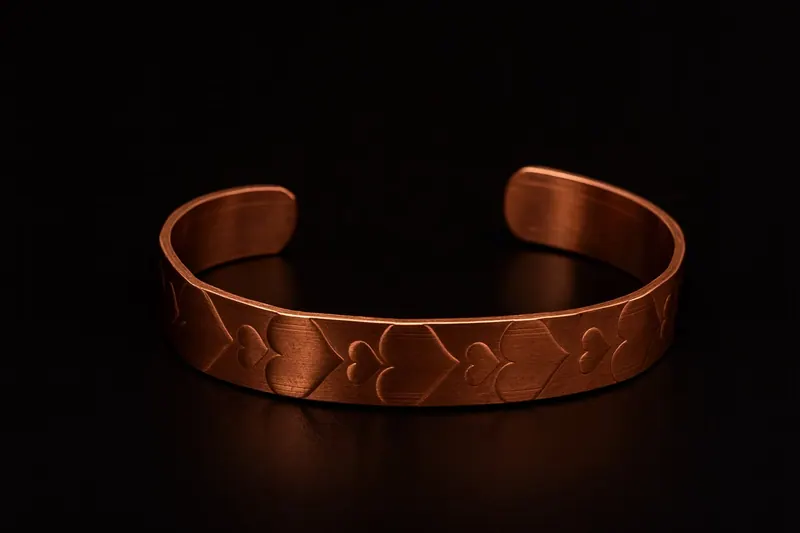 Pulseira de cobre com corações em relevo, sobre fundo preto