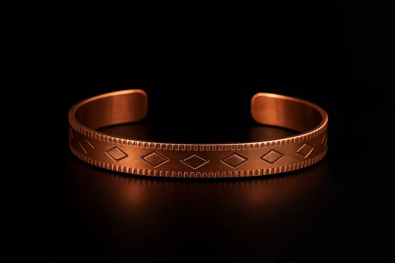 Pulseira de cobre com losangos e borda serrilhada, de frente, sobre fundo preto