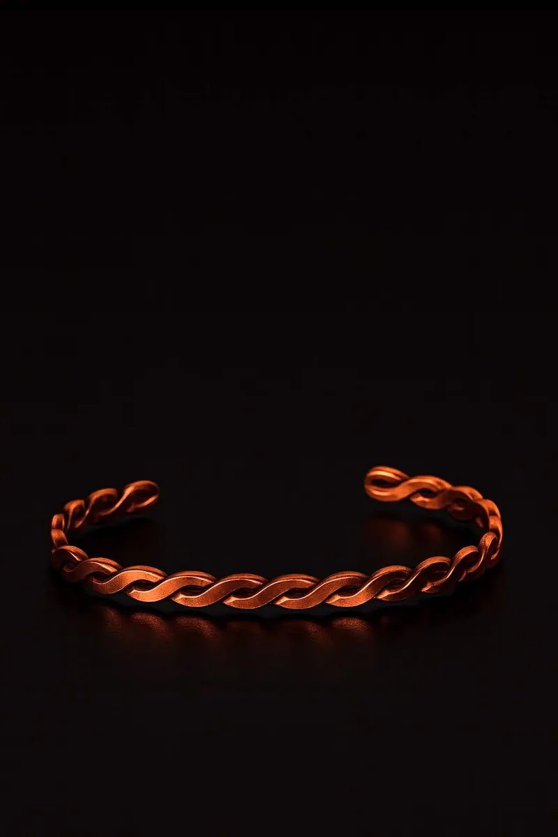 Pulseira de cobre trançada, aberta nas pontas, sobre fundo escuro